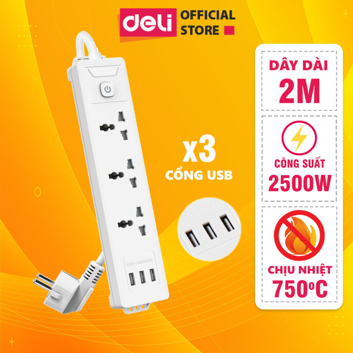 Ổ Cắm Điện Deli ET407 – 3 Ổ + 3 Cổng USB, Dây 2m - Ảnh 2