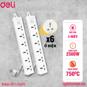 Ổ cắm điện 6 ổ cắm Deli ET405 Màu trắng dây 3 mét