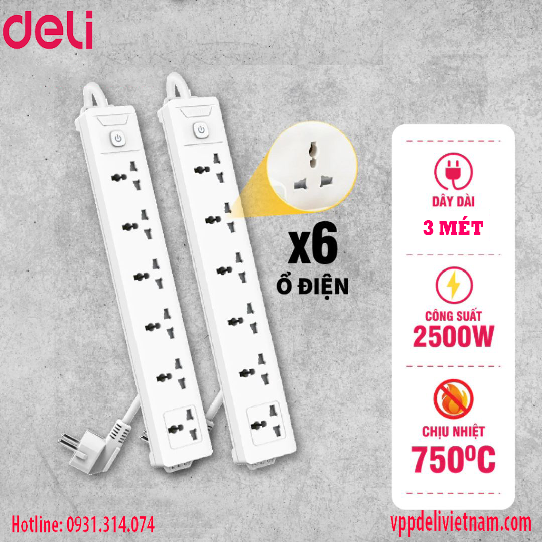 Ổ cắm điện 6 ổ cắm Deli ET405 Màu trắng dây 3 mét