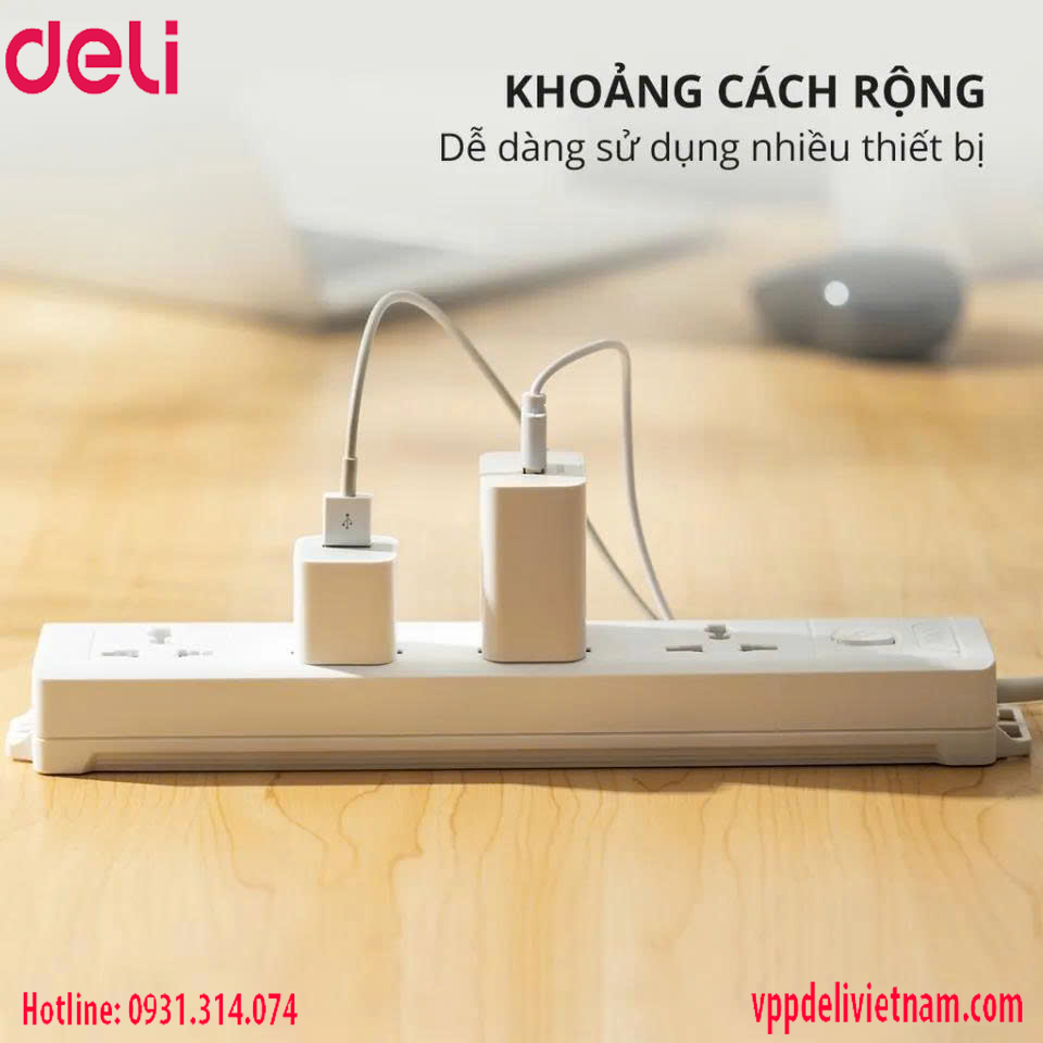 Ổ cắm điện Deli ET410 3 ổ + 3USB Màu trắng - Ảnh 5