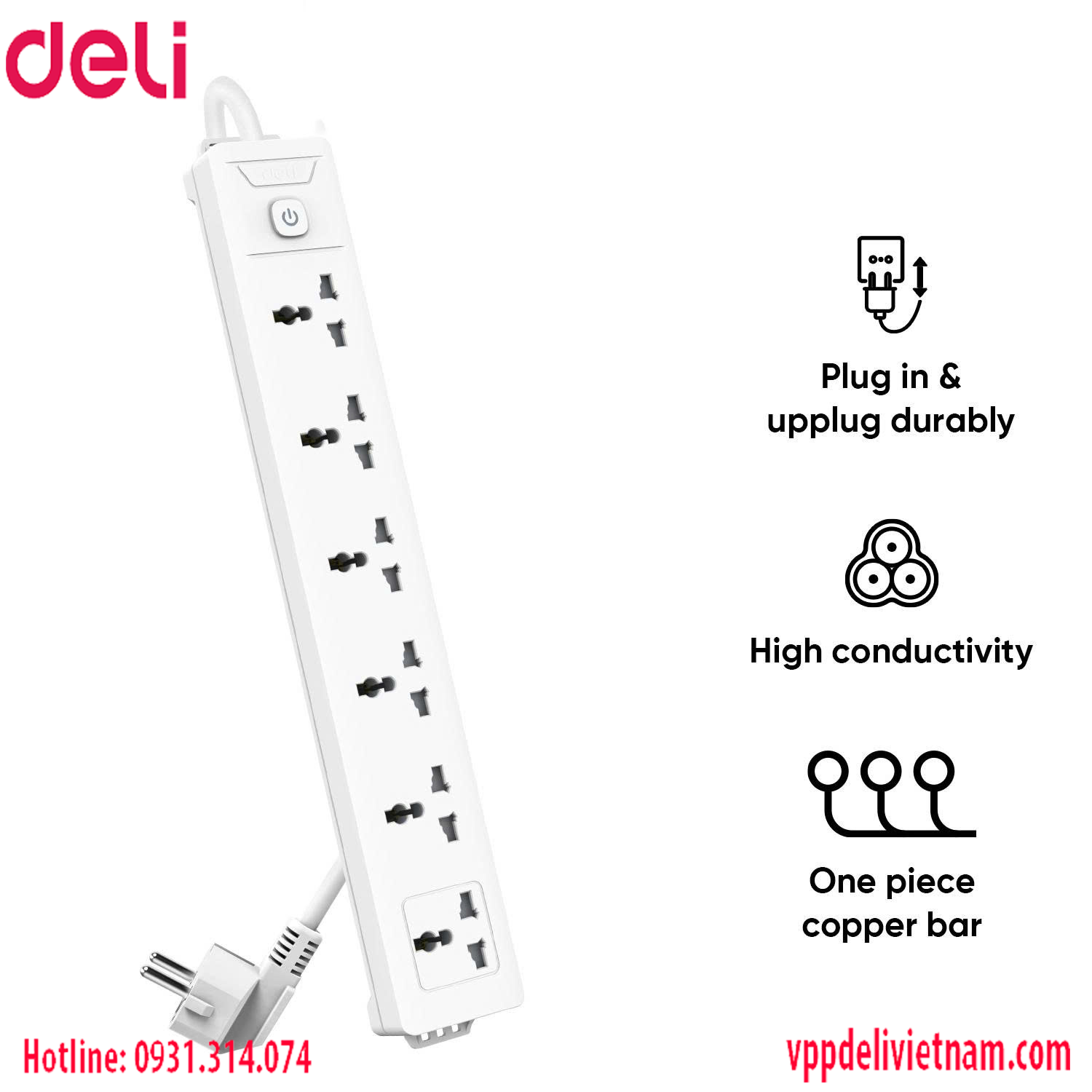 Ổ cắm điện 6 ổ cắm Deli ET405 Màu trắng dây 3 mét - Ảnh 2