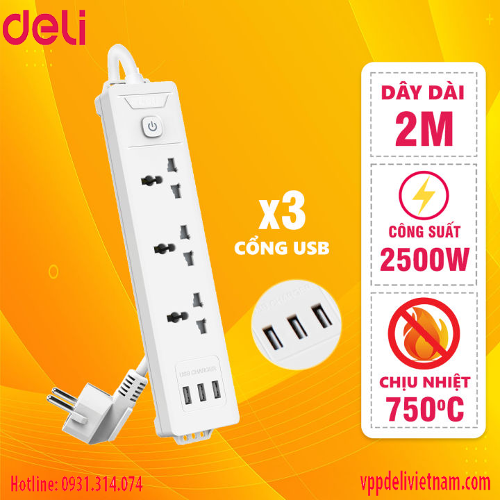 Ổ Cắm Điện Deli ET407 – 3 Ổ + 3 Cổng USB, Dây 2m - Ảnh 6