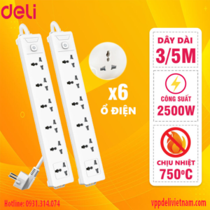 Ổ cắm điện 6 ổ cắm Deli ET406 - Màu trắng dây dài 5 mét
