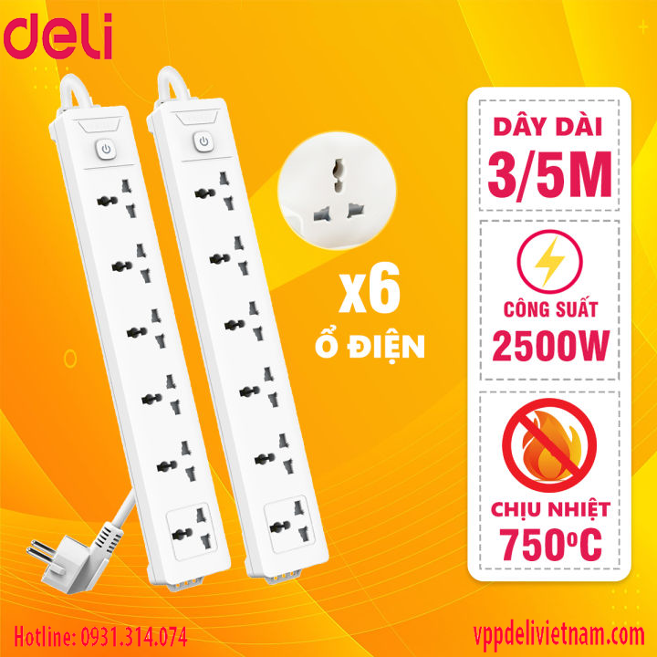 Ổ cắm điện 6 ổ cắm Deli ET405 Màu trắng dây 3 mét - Ảnh 3
