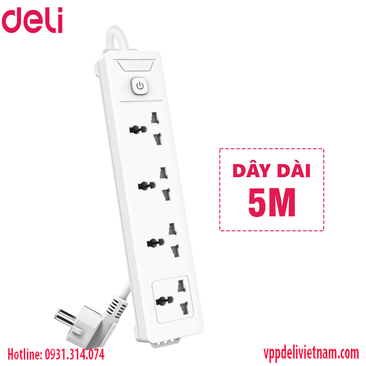 Ổ Cắm Điện Deli ET404 – 4 Ổ Cắm Dây Dài 5m