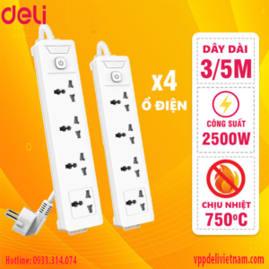 Ổ cắm điện 4 ổ cắm Deli ET403 - dây 3 mét
