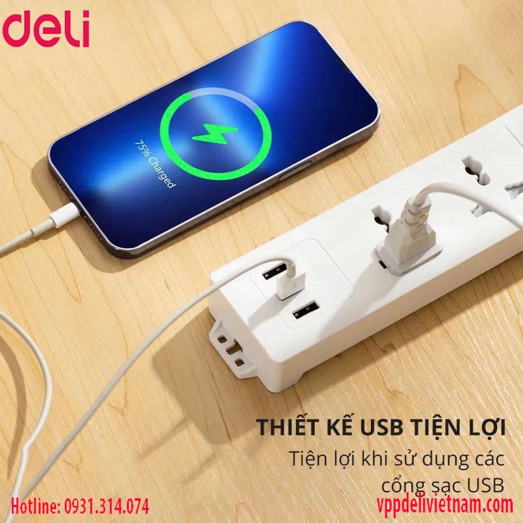 Ổ cắm điện Deli ET410 3 ổ + 3USB Màu trắng - Ảnh 4