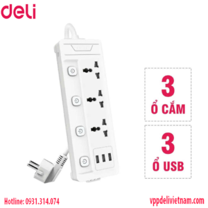 Ổ cắm điện Deli ET410 3 ổ + 3USB Màu trắng