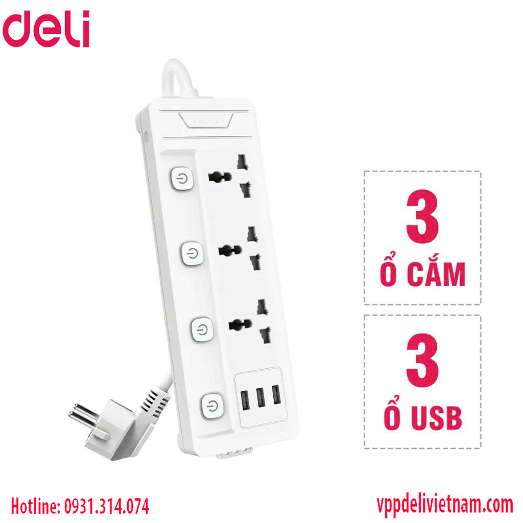 Ổ cắm điện Deli ET410 3 ổ + 3USB Màu trắng
