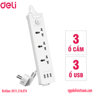 Ổ Cắm Điện Deli ET407 – 3 Ổ + 3 Cổng USB, Dây 2m