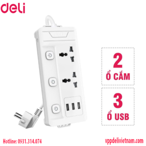 Ổ cắm điện Deli ET409 2 ổ + 3USB Màu trắng dây 2 mét