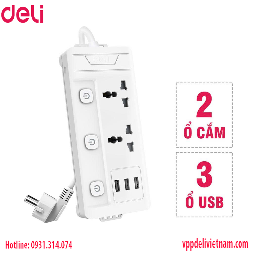 Ổ cắm điện Deli ET409 2 ổ + 3USB Màu trắng dây 2 mét