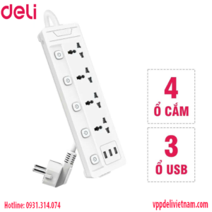Ổ cắm điện 4 ổ Deli ET411 3USB Màu trắng