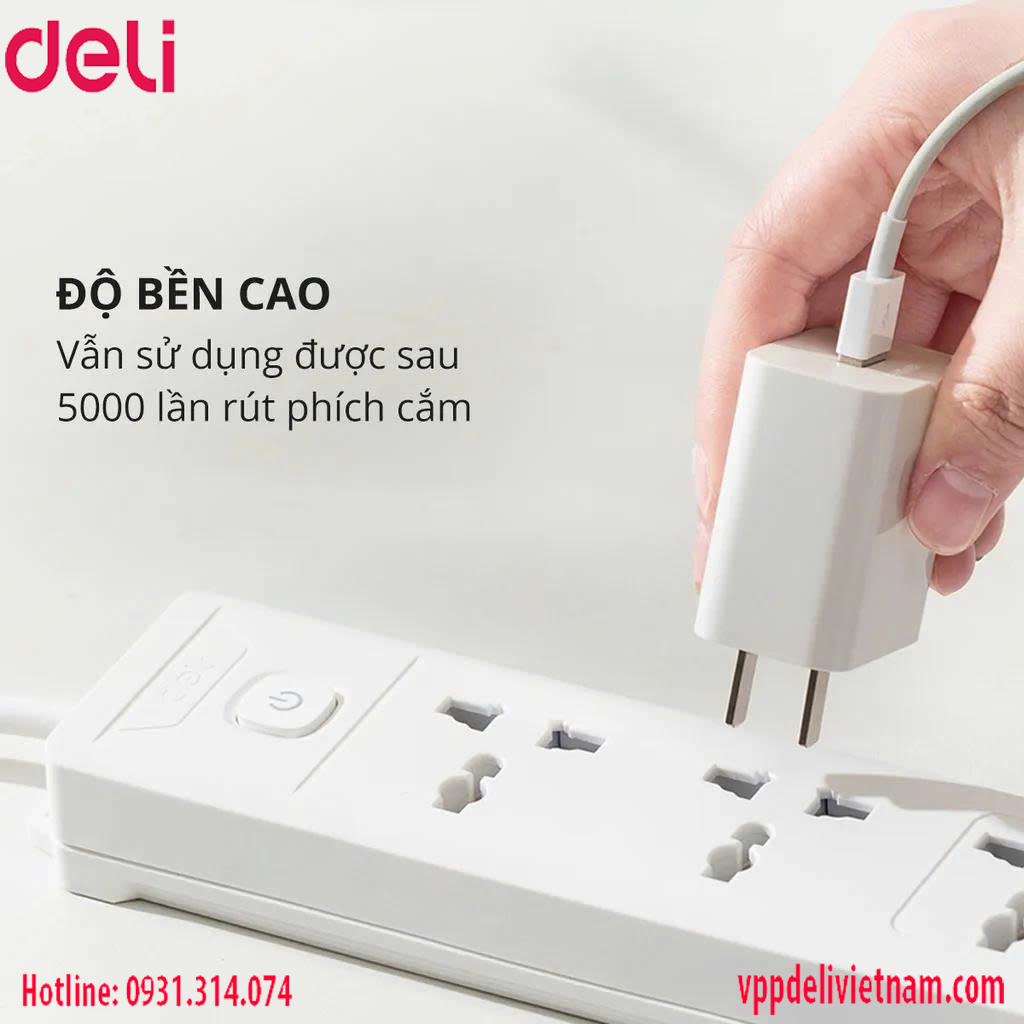 Ổ cắm điện Deli ET410 3 ổ + 3USB Màu trắng - Ảnh 7