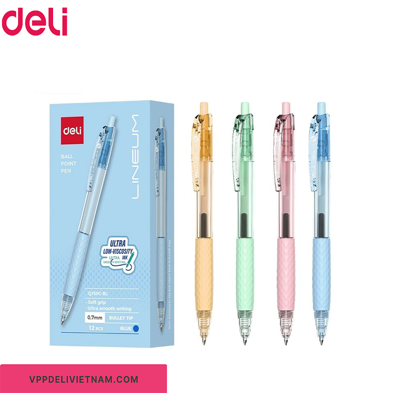 Bút bi bấm màu xanh Deli EQ150C – Đầu 0.7mm