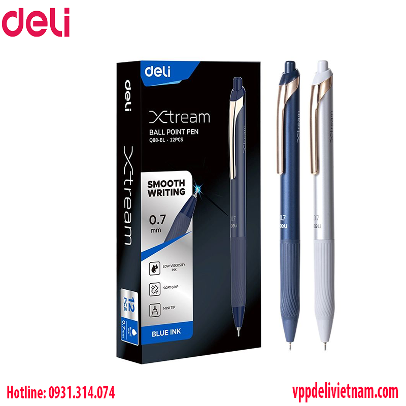 Bút bi bấm Deli EQ88-BL mực xanh ngòi 0.7mm