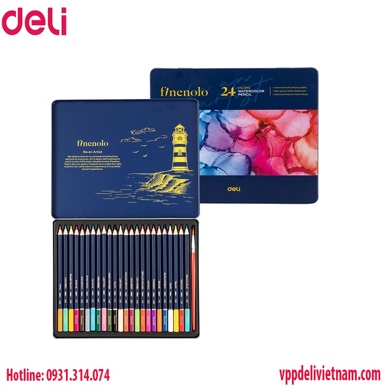 Bút chì màu tính nước hộp thiếc FINENOLO Deli EC129 -24 màu