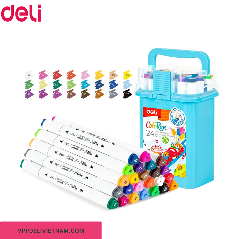 Bút màu Marker gốc nước 2 đầu Deli EC187-24 màu