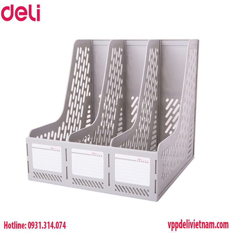 Khay tài liệu 3 ngăn đứng Deli E9845 Xanh/Xám/Đen